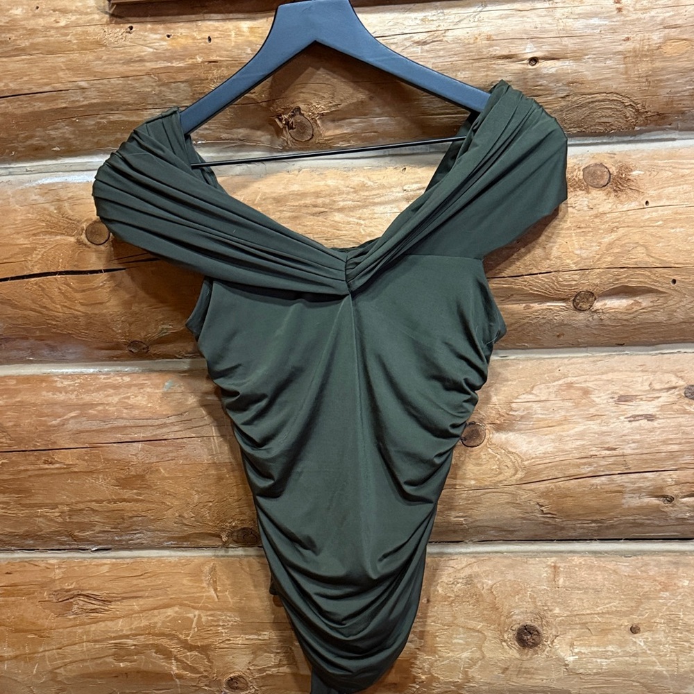 Express Elegant Olive Green Draped Bodysuit Small